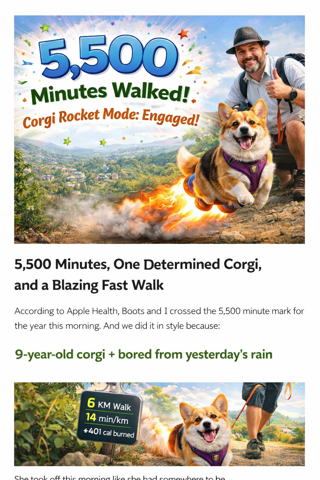 5,500 Minutes Walked… and a Corgi in Rocket Mode